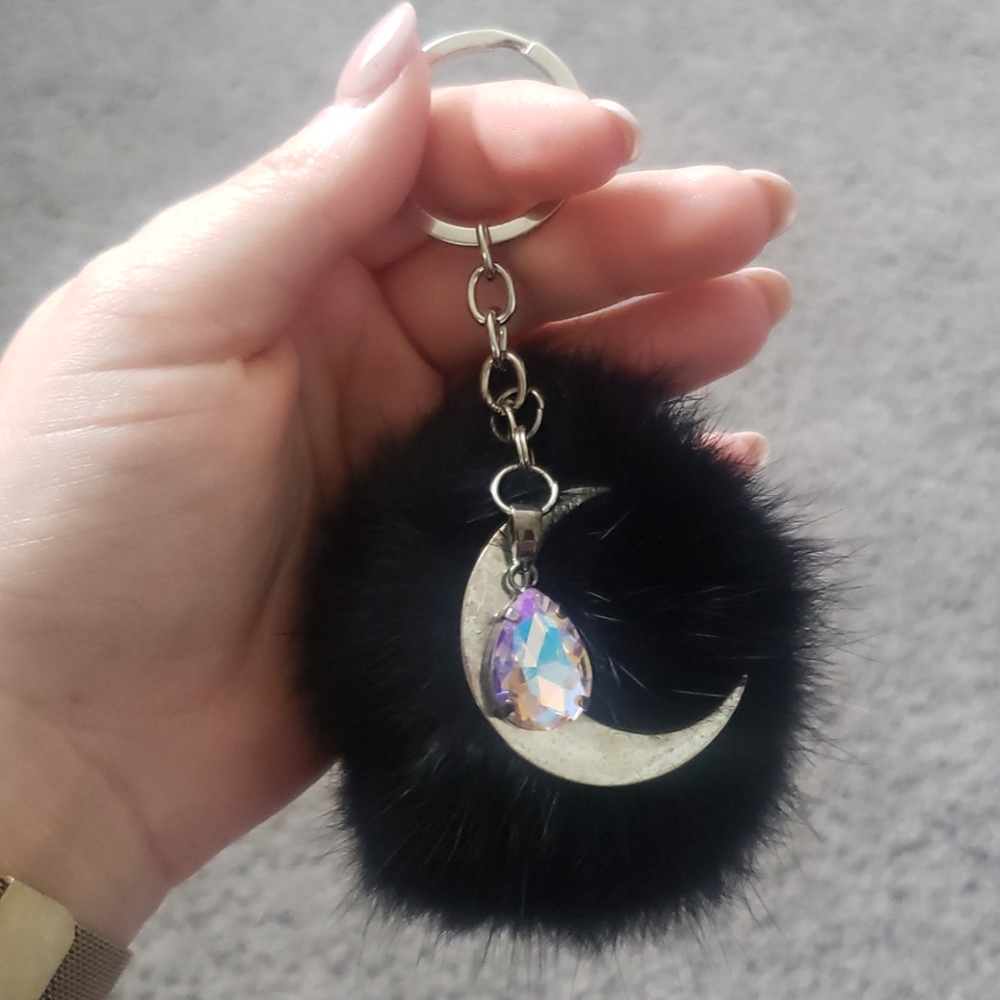 Black Pom Pom Crescent Moon Jewel Keychain